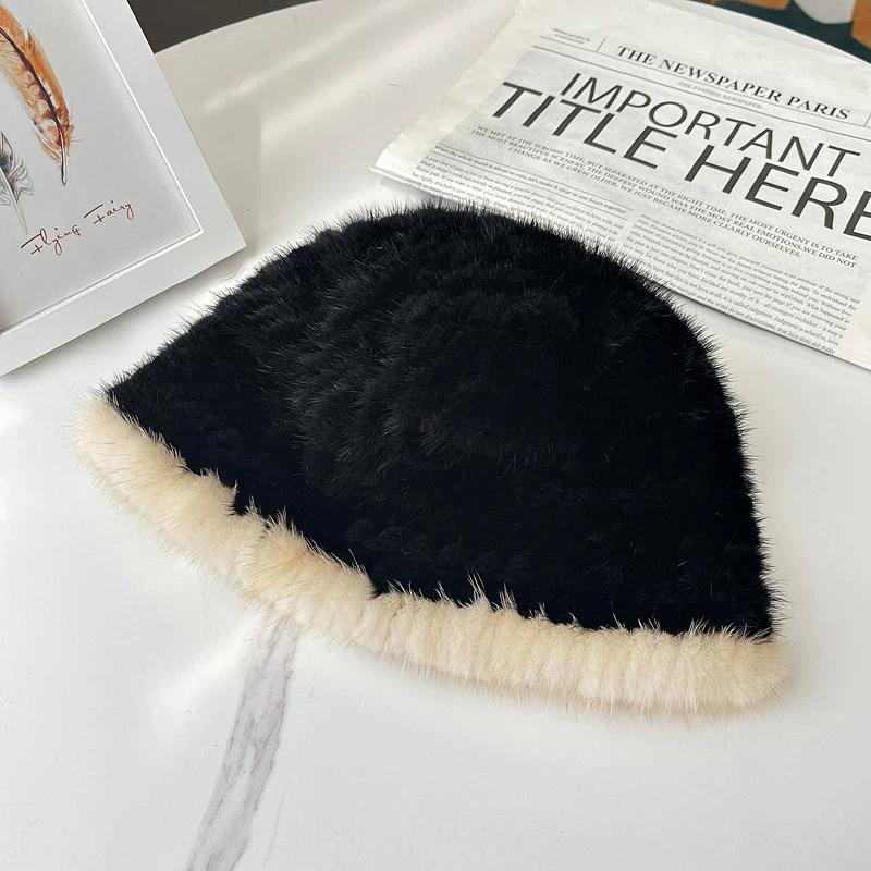 Mink Hat Female Winter Warm Versatile Real Hair Show Face Small Bucket Hat Mink Hair Top Hat Korean Version Fur Hat Tide