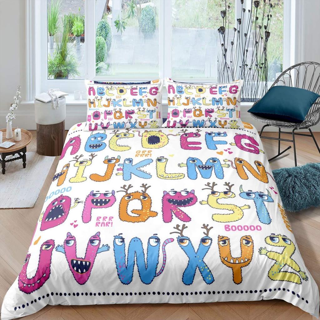 Kids Alphabet Duvet Cover Set Polyester Digital Pattern Bedding Twin Size Hand Painted Educational Quilt Cover