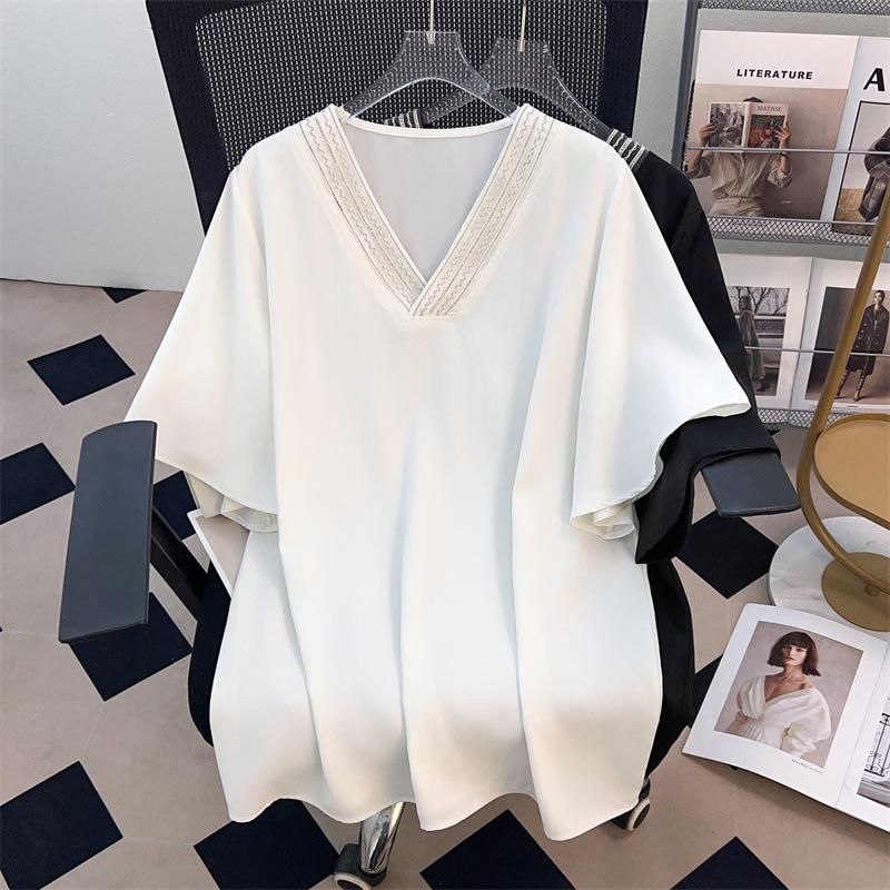

Plus Size V-Neck Chiffon Mid-Length Loose Short Sleeve T-shirt for Women 6XL чёрный
