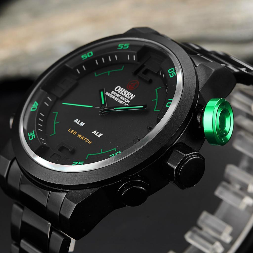 Men's Watch Analog Digital Display 3ATM Waterproof Stainless Steel LED Calendar Quartz Casual Business Fashion Accessory Black