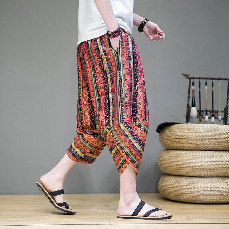 2025 Sommer Herren Ethno-Stil Haremshose Herren Gestreifte Druckhose Herren Japanische Streetwear Hose Herren Patchwork Wadenlange Hose