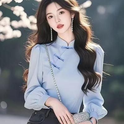 Women's Light Blue Cheongsam Blouse Mandarin Collar Frog Button Puff Sleeve Casual Top