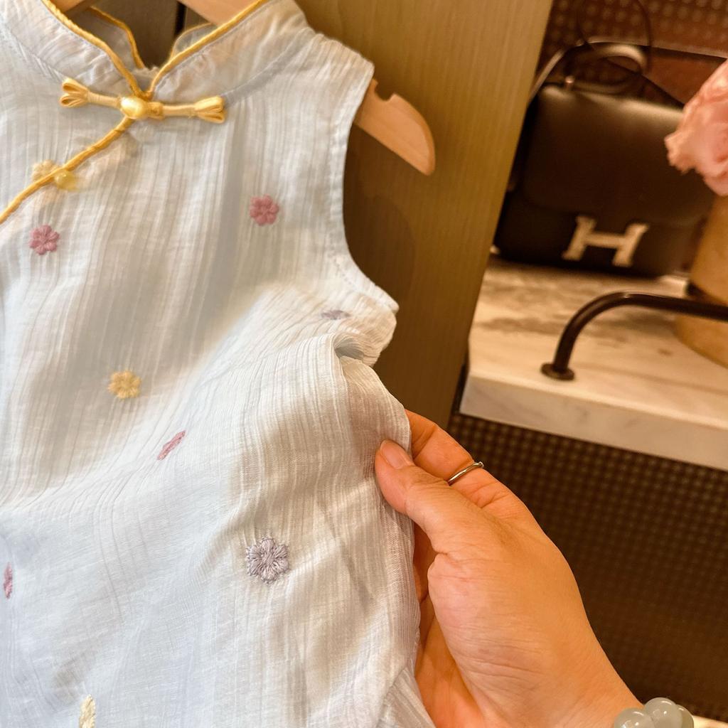 Summer Girls Chinese Embroidered Sleeveless Dress With Ruffles And Frog Buttons Princess Party Dress For Kids