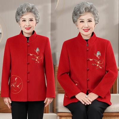 Autumn Clothing Festive Year 0 Coat Women's Stand-up Collar Woolen Old Lady Clothes