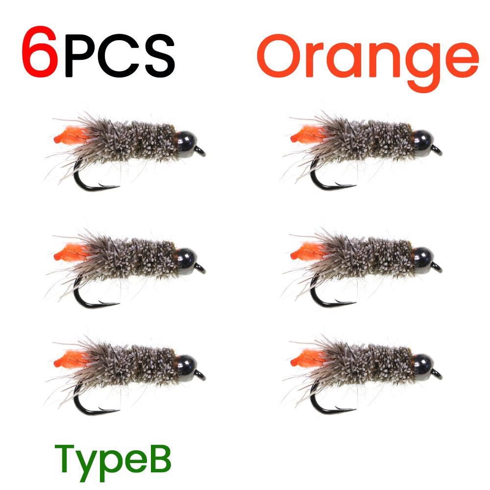 6 Stück #12 Widerhaken Hasenohr & Hirschhaar Dubbing Köcherfliegenlarve Nymphenfliegen mit 3,2mm Messingkopf Forelle Barsch Steelhead Angelköder