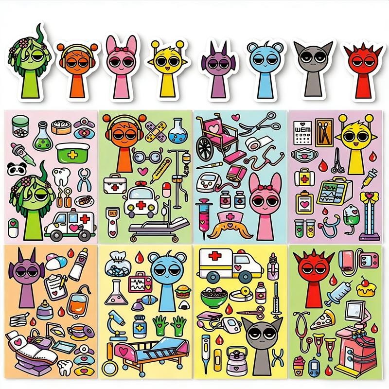8 Sheets/Pack Diy Cartoon Game Waterproof Puzzle Stickers Cute Stress Relief Creative Educational Assembly Puzzle Toy Party Gift