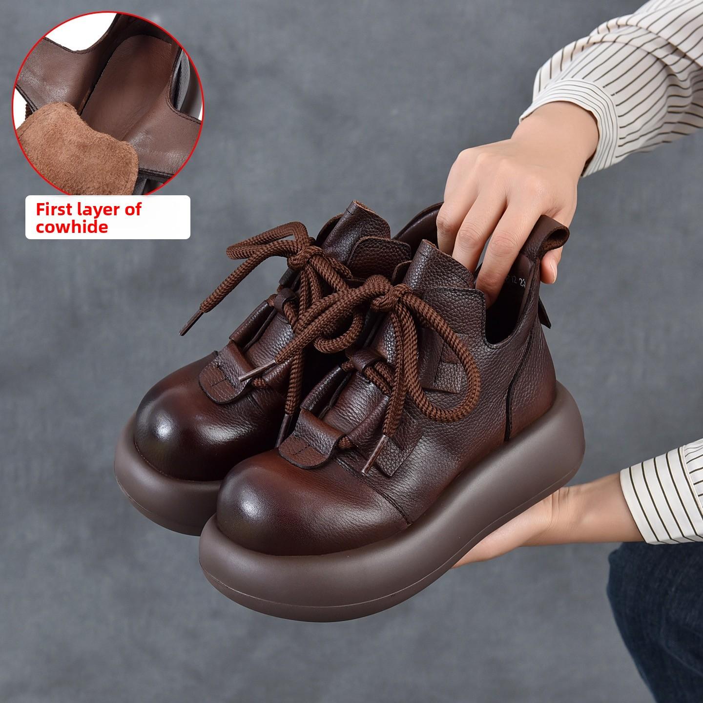 

6.5cm Top Quality Genuine Leather Women Fashion Comfy Platform Shoes Retro Loafer Pumps New Flats Outdoor Wedge Walking Sneakers 35 коричневий