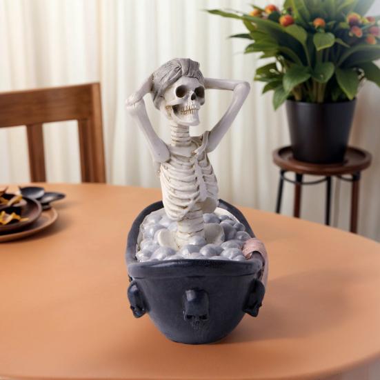 Halloween Skeleton Figurine Resin Bathing Skeleton Statue Desktop Skeleton Ornament for Bookshelves Tables Cabinets