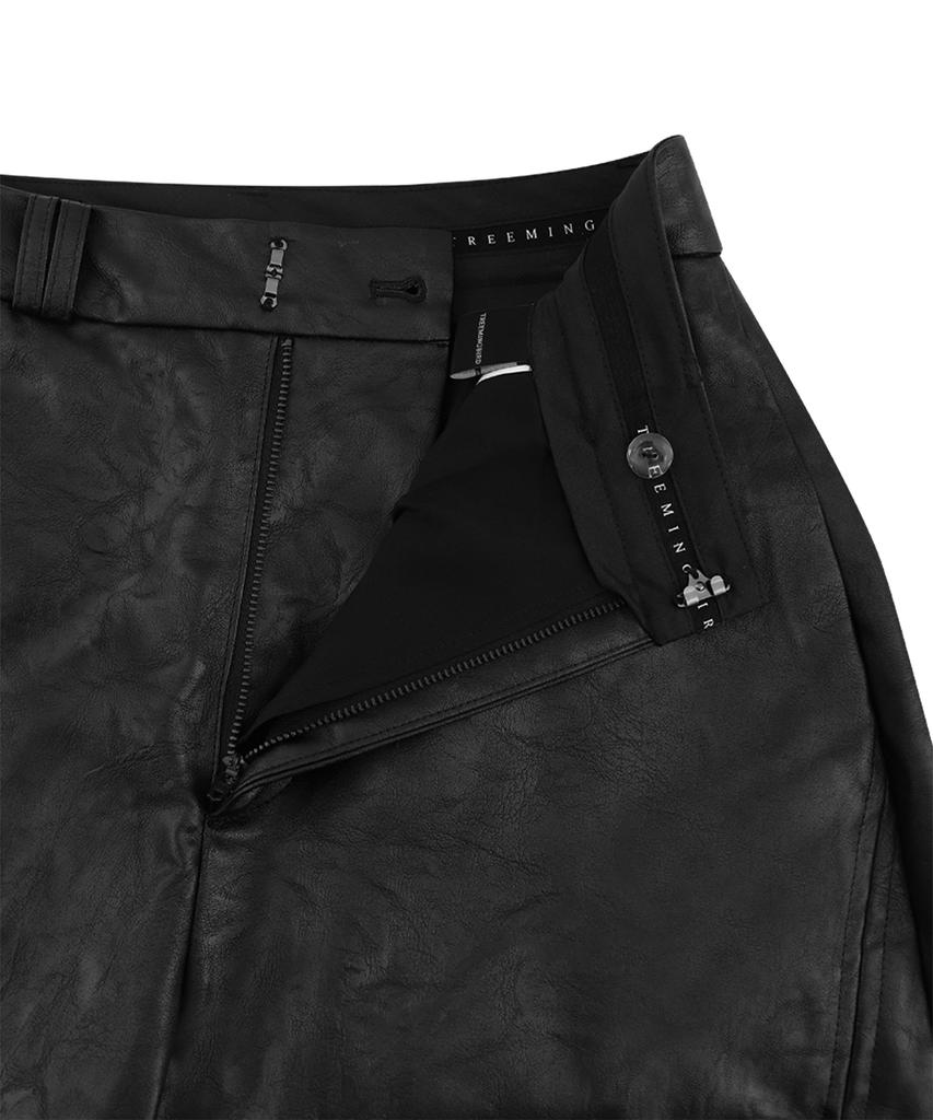 Teulimingbeodeu Oblique Zipper Leather Set-Up Pants [ Black ]