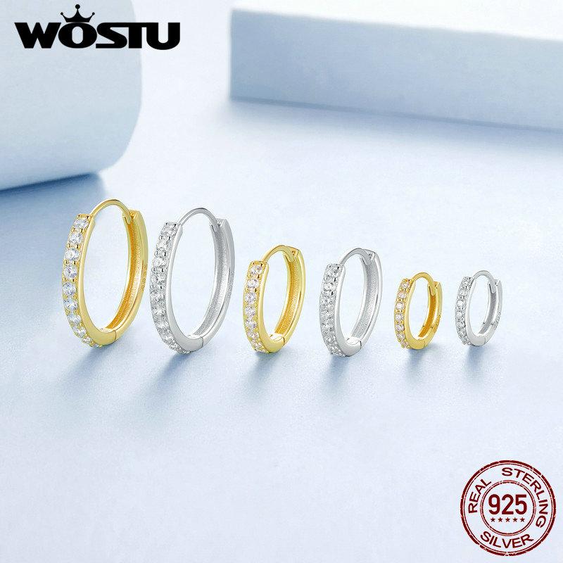 WOSTU 925 Sterling Silver Simple Zircon Round Hoop Earrings for Women European Classical Rock Hoops Wedding Jewelry Accessories