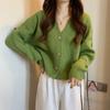 New small fresh knitted cardigan avocado green women's design sense fashion v-neck versatile sweater jacket women