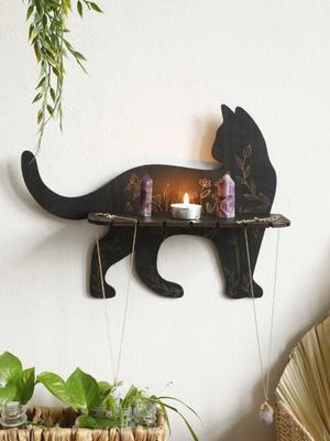 1 Stück Schwarze Katze Wandregale mit Blumenmuster, Schwebendes Wandregal, zum Aufstellen von Kristallen, Ätherischen Ölen, Aromatherapie-Steinen