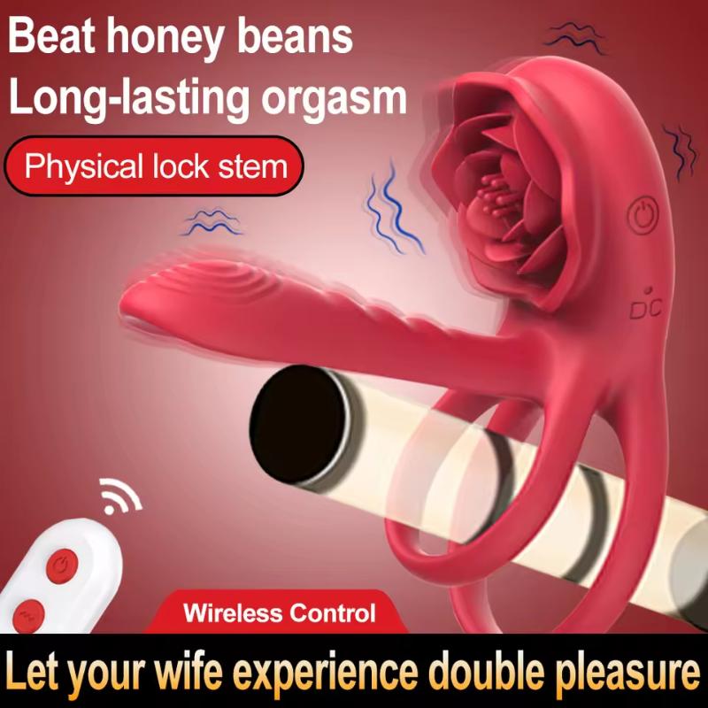 Rose Penis Ring Vibrator Female G-Spot Clitoral Stimulation Male Ejaculation Delay Silicone Cockring Adult Sex Toy For Couples