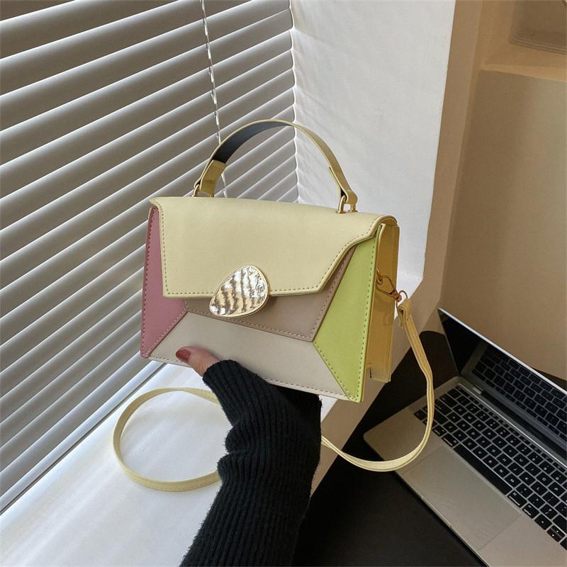 Stylish Small Square Bag For Autumn Trendy Color Block Shoulder Tote In Black Brown Blue Yellow