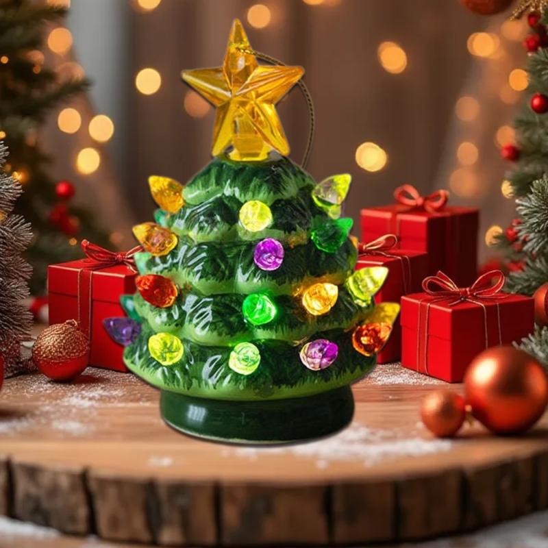 Resin Mini Christmas Tree Ornament with LED Light for Holiday Decors, Tabletop and Shelf Accent for Seasonal Home Styling
