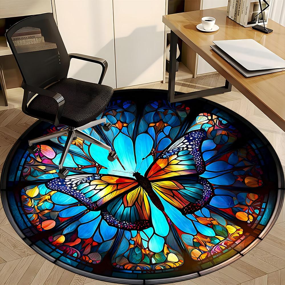 1PC Butterfly StainedGlass Office Round Area Rug,  Mat Suitable ForOffice, Under Office Chairs Bedroom Living Room Home Decor, Room Deco