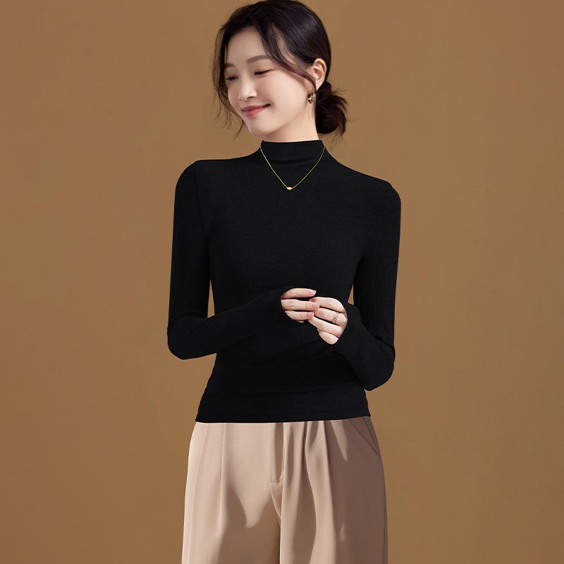 Women's Slim Fit Ribbed High Neck Long Sleeve Top for Spring and Autumn