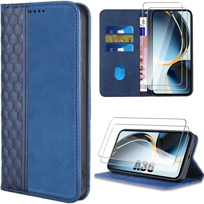 Coque - BOOLING - pour Samsung Galaxy A36 5G/A56 5G - Cuir PU Bleu Marine Motif Mosaïque - 2 Verres Trempés