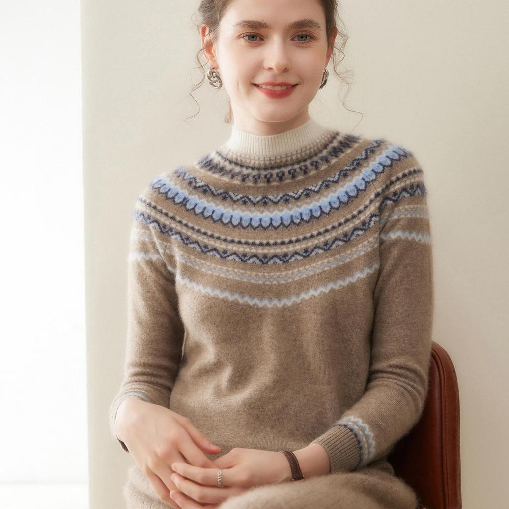 2025 Women's Half-High Collar Cashmere Fair Isle Jacquard Sweater - Versatile Base Layer Knitwear