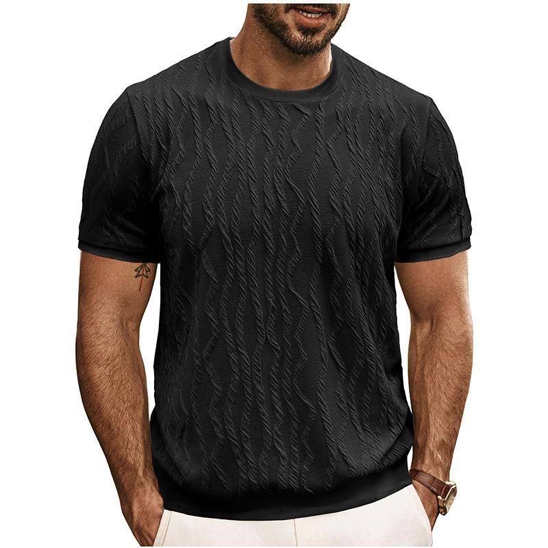 Fashionable Men's Short-sleeved T-shirt Jacquard Sweater Round Neck Striped Solid Color Versatile Casual Pullover Top