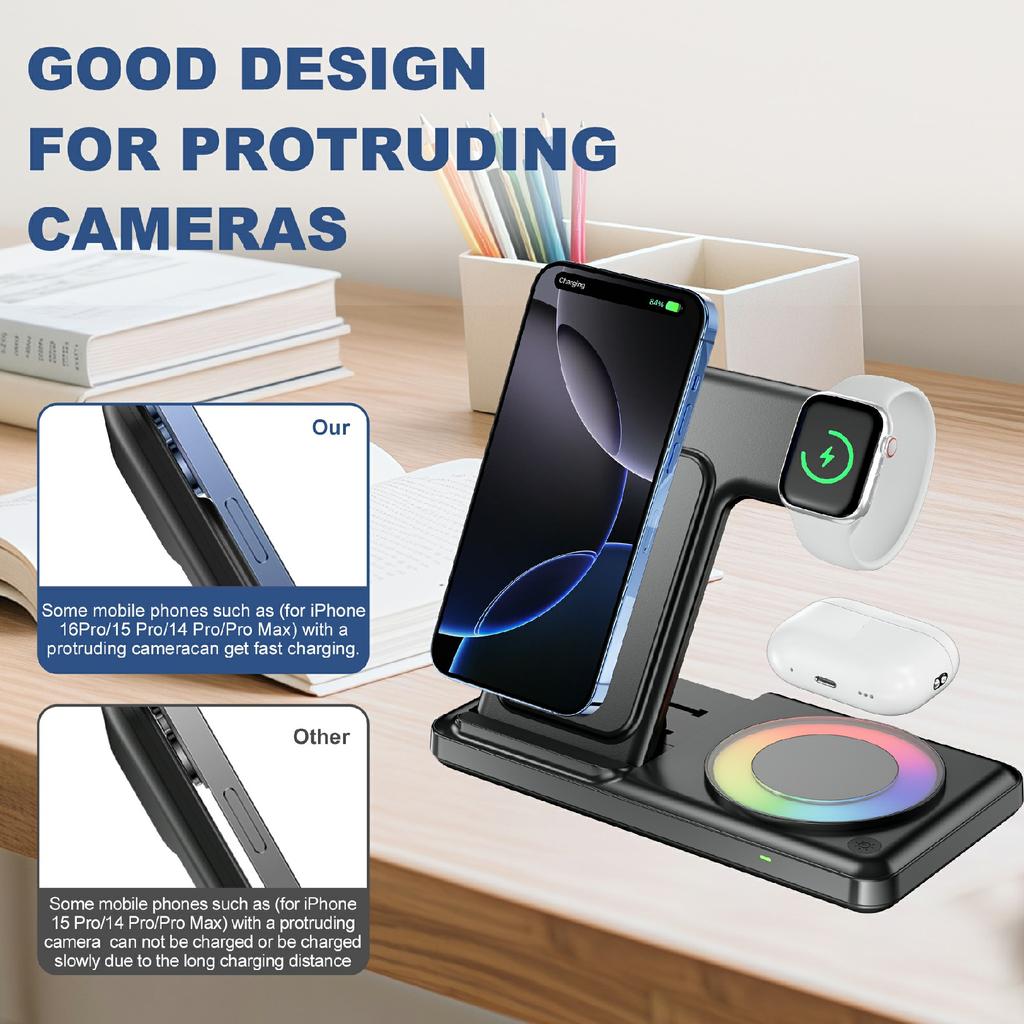 Q50D 4 in 1 Foldable Wireless Charger Dock 15W Fast Charging Station with RGB Ambient Light for Mobile Phone Apple Watch AirPods