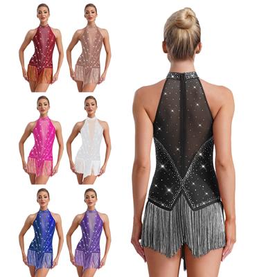 Womens Latin Dance Leotard Sleeveless Sheer Mesh Patchwork Shiny Rhinestones Fringed Design Performance Costume