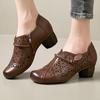 2024 Spring Summer New Genuine Leather Pumps Retro Hollow Round Toe Soft Sole Women's High Heels Shoes