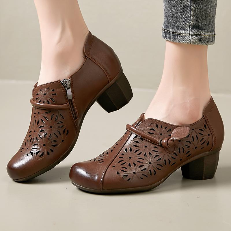 2024 Spring Summer New Genuine Leather Pumps Retro Hollow Round Toe Soft Sole Women's High Heels Shoes