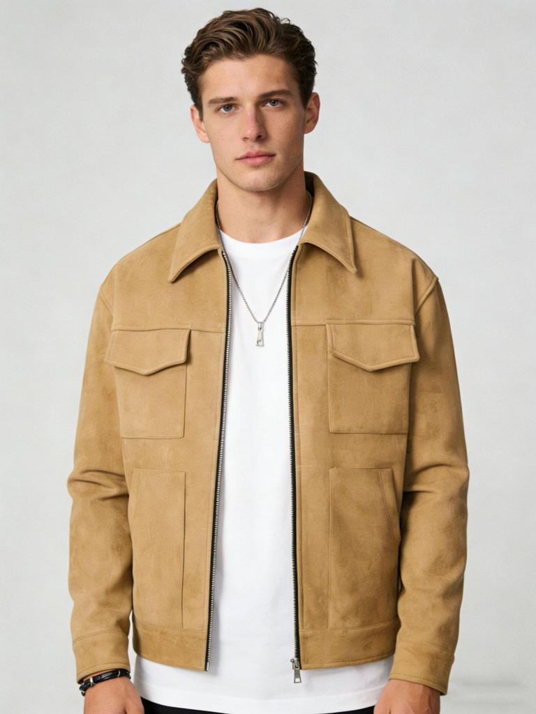 European and American men's jacket suede men's tooling zipper large pocket casual lapel spring and autumn jacket