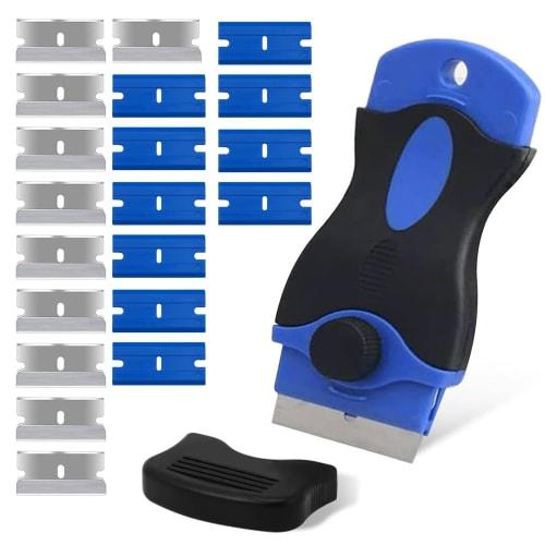 Scraper with 10 matching plastic and 10 metal blades. Perfect for removing stickers, labels, and adhesives. Glass scraper, pocket scraper, safety scra