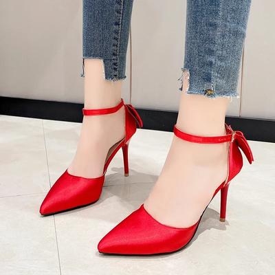 Scarpe da Donna Eleganti con Punta Acuta e Scollo Basso Nuove Rosse Scarpe da Matrimonio Tacchi a Gatto Moda Fiocco Scarpe a Cinturino Singolo
