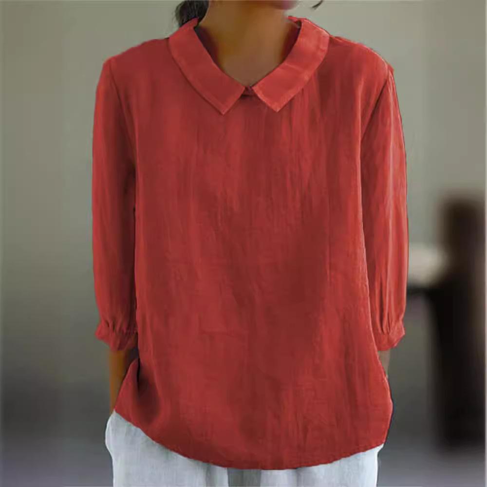 Women's Peter Pan Collar Cotton Blouse 3/4 Sleeve Loose Casual Pullover Shirt Summer Solid Textured Tunic Top