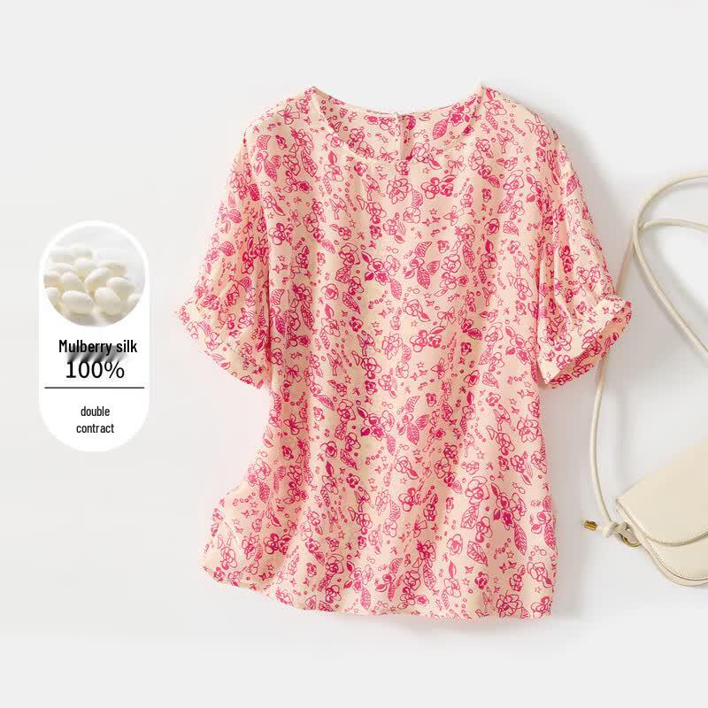 Mulberry Silk Floral Short Sleeve Women s T-shirt M