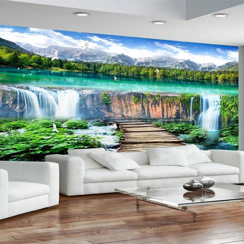 Waterfalls Landscape Wallpaper Wood Bridge Photo Mural Living Room Tv Sofa Backdrop Wall Mural Home Decor