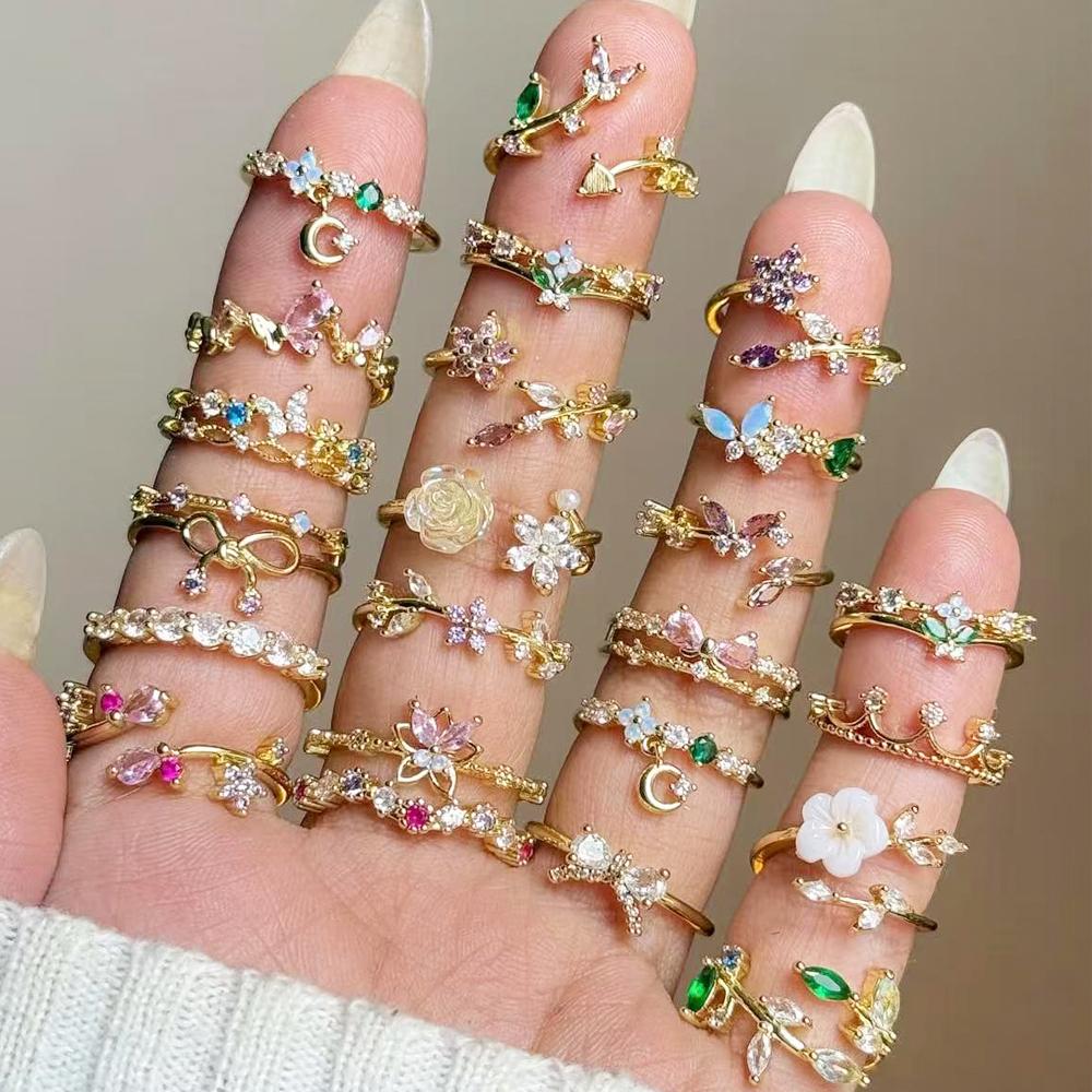 Sparkling Colorful Dazzling CZ Finger Flower Rings For Women Luxury Bow Pink Zircon Ring Wedding Jewelry For Wife & Girlfriend