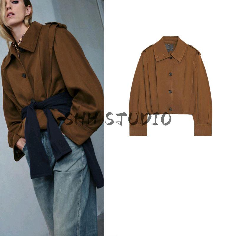 Autumn New Women's Clothing French Style Design Short Lapels Long Sleeves Pleated Strap Decoration Outwear 8091427