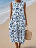 Sleeveless dress 26 new shrink pleated large version loose casual round neck digital printing - bamboo hemp