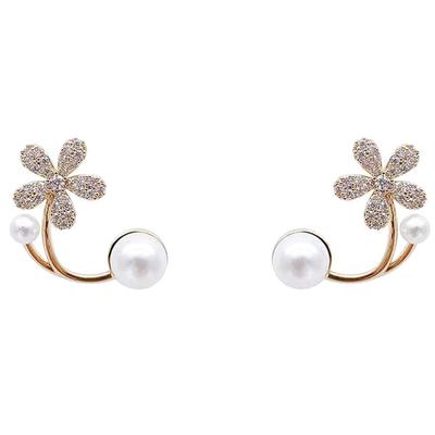 1Pair Korean Style Pearl Flower Stud Earrings Gold Inlaid Diamond Earring For Women Light Luxury Jewelry Accessories