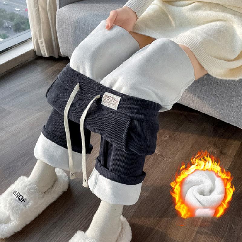 Women's Fleece Lined Wide Leg Pants Sporty Thin Style Autumn Winter Casual Trousers Spring Summer Narrow Version