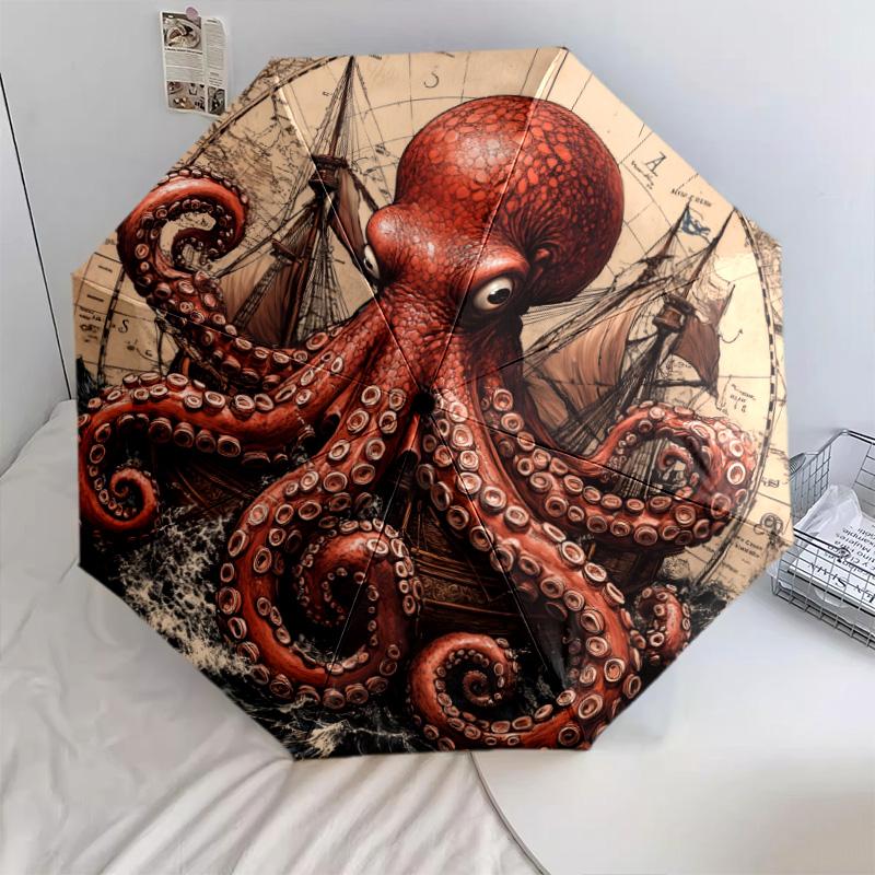Ship Octopus pattern, automatic folding umbrella, portable and foldable design, 8 ribs, a Christmas or birthday gift.
