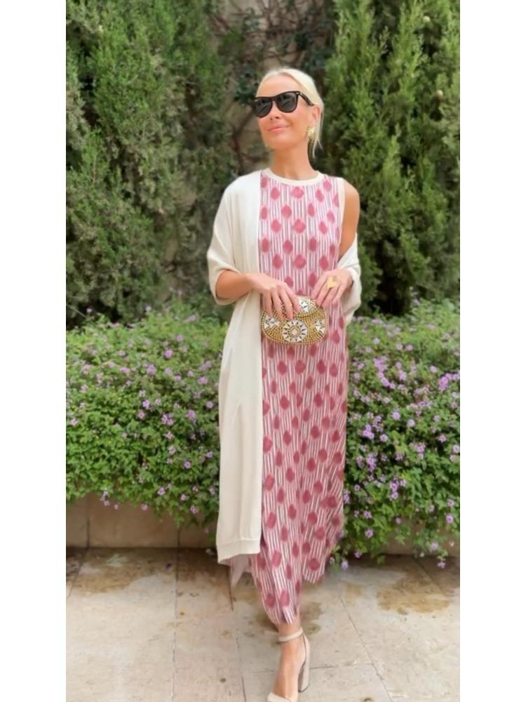 Women's Bohemian Floral Print Sleeveless Dress with Matching Long Red Cape