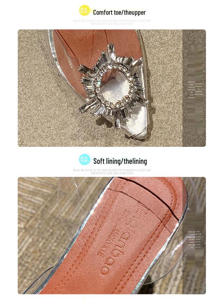 Spring/Summer 2021 Sunflower Pointed-Toe Crystal Sandals with Chunky Wine Glass Heels for Women