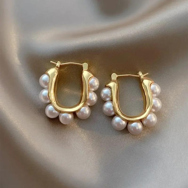 U-shaped Hoop Earrings Gold Color Stylish Elegant Imitation Pearl Earrings Wedding Party Girls Luxury Accessories Women's Gifts