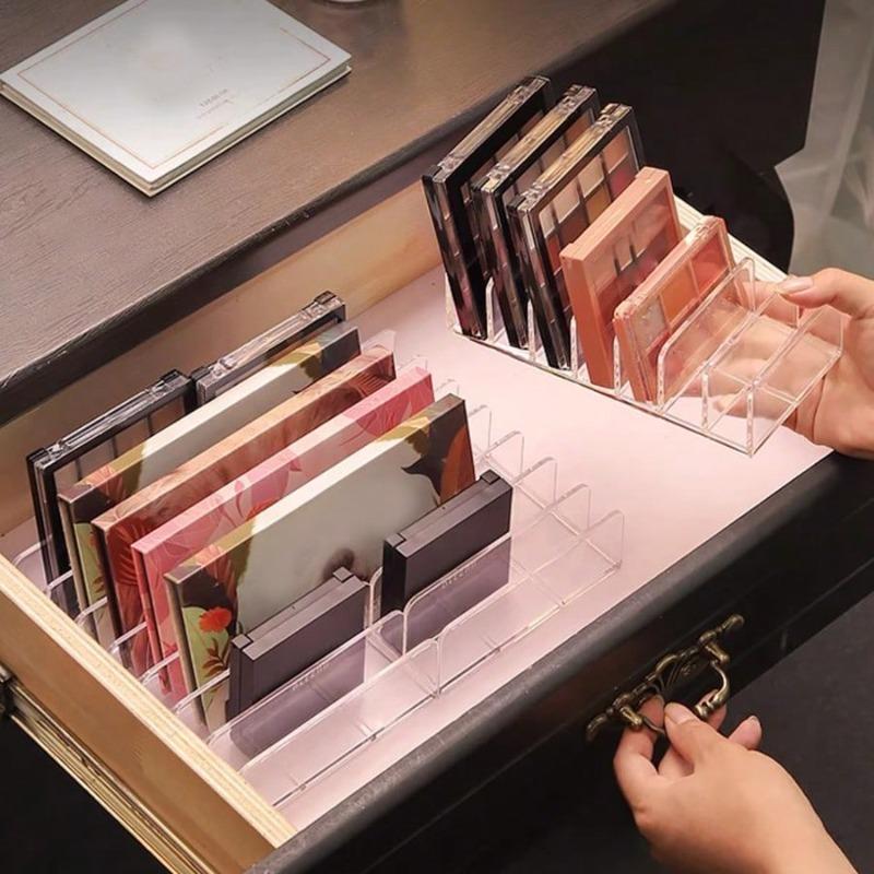 Clear Plastic Desktop Eyeshadow Palette Storage Box with Drawer Dividers Cosmetic Organizer for Powder Blush Makeup Brushes