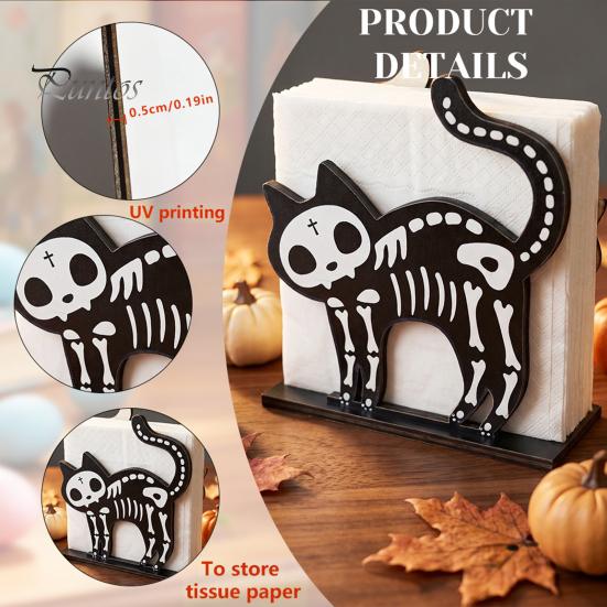 Halloween Kitchen Decor Wooden Napkin Holder, Skeleton Black Cat Gnome Tissue Storage Rack, Cute Counter Accessories Cartoon Tabletop Decorative