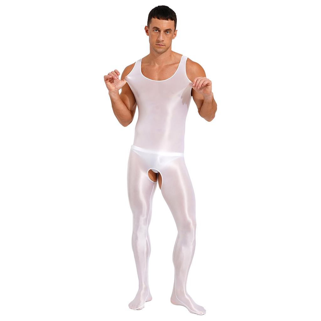 Herren-Dessous, glänzend, glatt, dehnbar, ärmellos, U-Ausschnitt, offener Schritt, Ganzkörper-Bodysuit mit Füßen