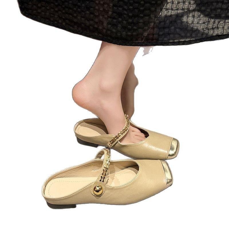 Fashion Hot Selling Women's Slippers Mule Summer 2025 New Square Toe Chunky Heels Silver Women Shoes Outdoor Ladies Slippers Women Shoes