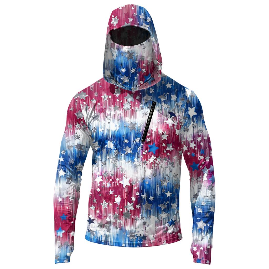 Men’s Casual Hooded Long Sleeve Sun Protection Top with Independence Day Themed Print and Front Zipper Pocket Design