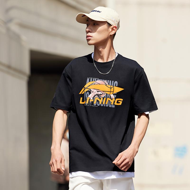 Li-Ning Logo Printed Round Neck Drop Shoulder Loose Comfortable Pullover Short Sleeve T-Shirt Men T-Shirts Black AHSU795-1