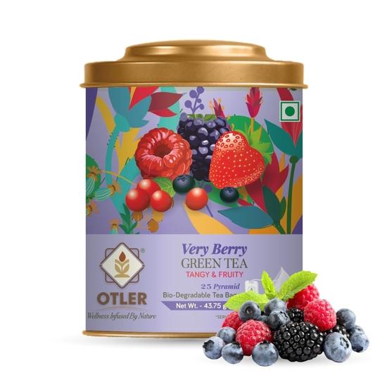 Otler Very Berry Grüner Tee – 25 Teebeutel in Metalldose – 100g – Erfrischender Grüntee mit Beerenaroma und mittlerem Koffeingehalt (Neu & Verbessert)